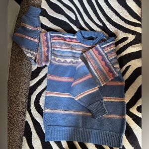 Vintage Blue Striped Crewneck Wool Sweater with Pastel Accents